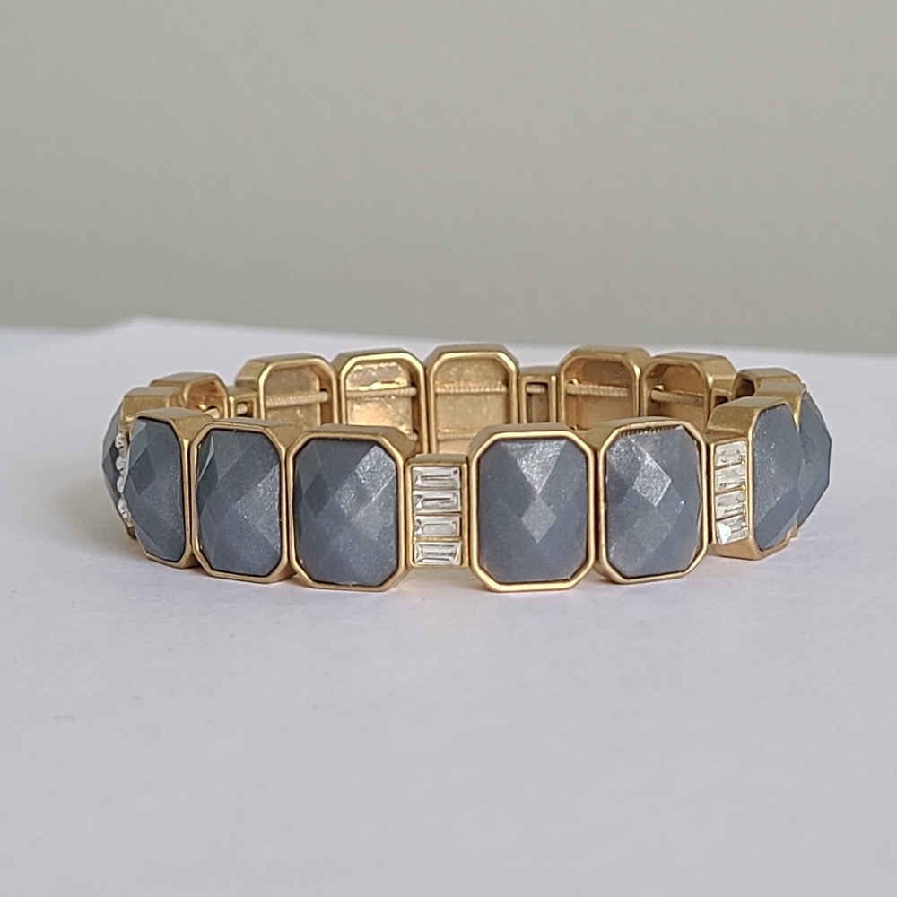 Lia Sophia Gold Tone Grey Faceted Stone Baguette Rhinestone Stretch Bracelet